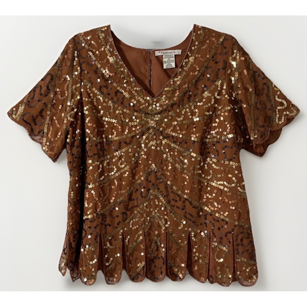 Roamans NWT Bronze Sequined Beaded Short Sleeve Blouse Women 18 Evening Wear
